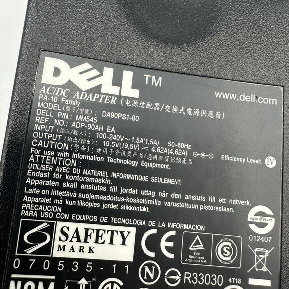 DELL AC/DC POWER ADAPTER 4.62A 19.5V MM545 DA90PS1-00 OEM 7.4mm tip - Picture 4 of 5